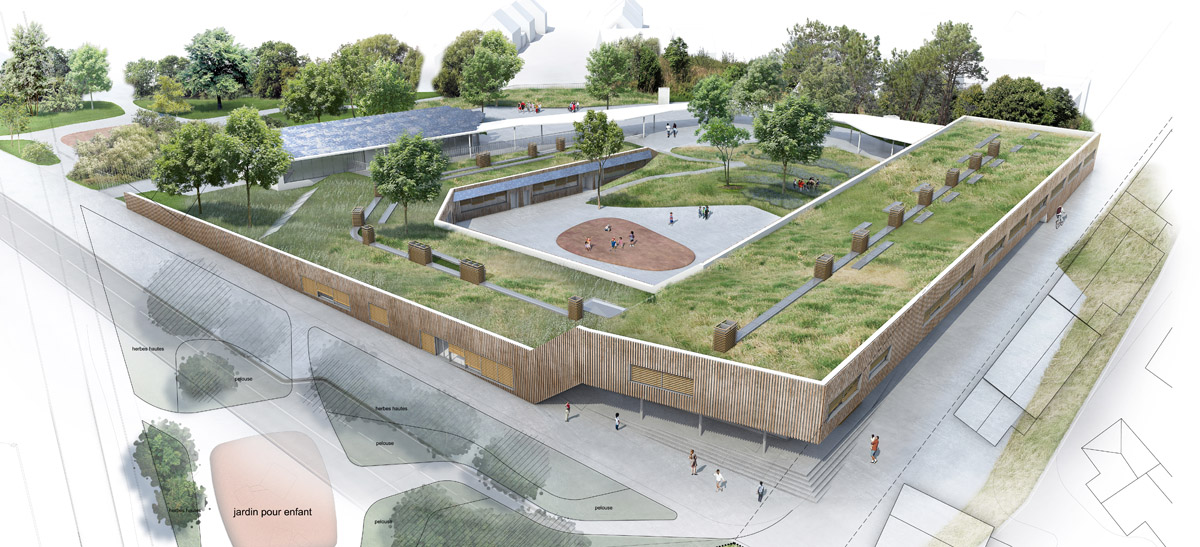 pespective aerienne du groupe scolaire semi enterré