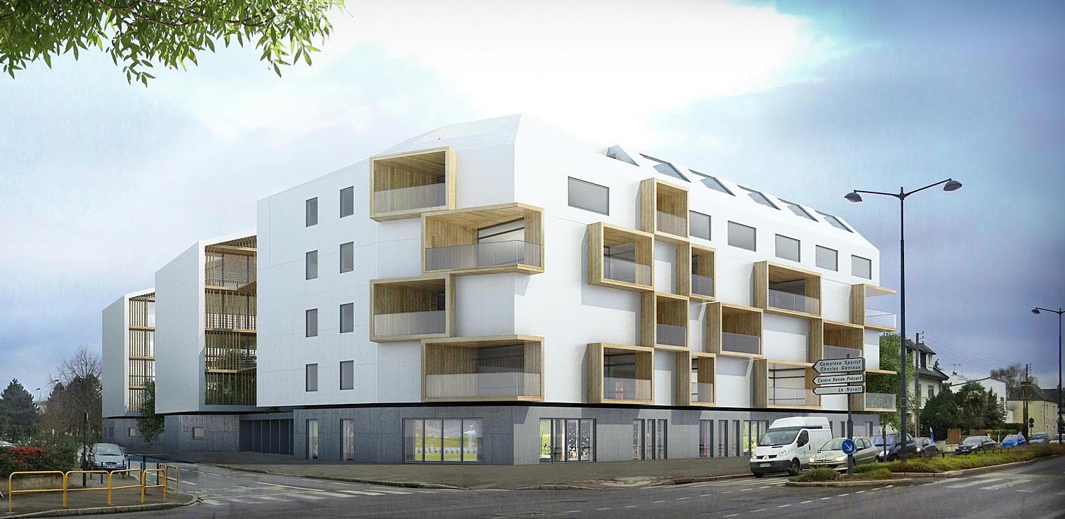 vue sur rue des logements collectifs et des commerces